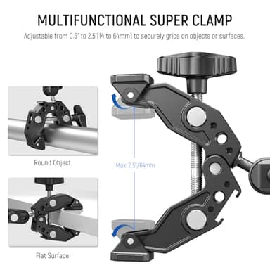 NEEWER Super Clamp with 3" Dual Ballhead Magic Arm, Cold Shoe, 1/4" Threads, Phone/Action Camera Mount Adapter for Desk Tripod Tube Crossbar Gimbal Rods Compatible with SmallRig GoPro DJI, ST83 - Image 3