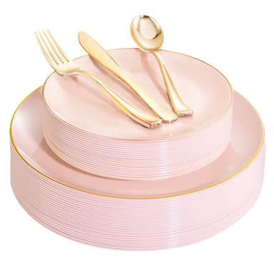 YOUBET 125PCS Pink Plastic Plates - Pink Disposable Plates With Gold Rim - Pinks and Gold Plates Include 25 Dinner Plates, 25 Dessert Plate, 75 Cutlery for Party Wedding Birthday - Image 8