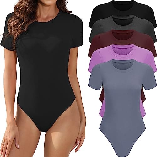 MLYENX 5 Pack Body Suits for Womens Short Sleeve Round Neck Casual Stretchy Basic T Shirt Bodysuit Tops XL - Image 1