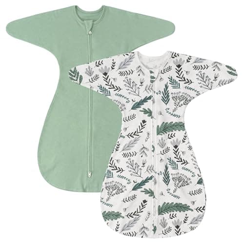 ZIGJOY Shark-Fin Transition Swaddle - 1.0 Tog Baby Sleep Sack Soft Cotton Transitional Swaddle Baby Wearable Blanket with 2-Way Zipper for All Seasons, Green&Leaf, 6-12 Months - Image 1