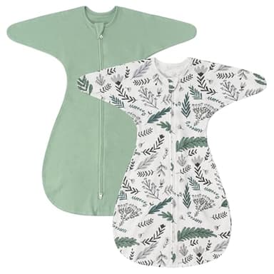 ZIGJOY Shark-Fin Transition Swaddle - 1.0 Tog Baby Sleep Sack Soft Cotton Transitional Swaddle Baby Wearable Blanket with 2-Way Zipper for All Seasons, Green&Leaf, 6-12 Months - Image 1