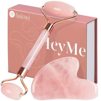 BAIMEI Jade Roller & Gua Sha, Face Roller, Facial Beauty Roller Skin Care Tools, Self Care Gift for Men Women, Massager for Face, Eyes, Neck, Relieve Fine Lines and Wrinkles - Rose Quartz - Image 1