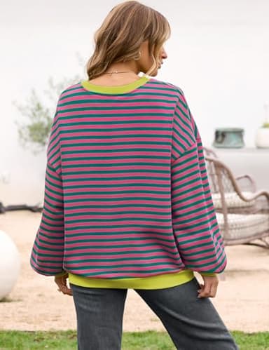 UEU Oversized Striped Sweatshirt for Women Casual Loose Fit Long Sleeve Crewneck Pullover Tops Pink Green Striped X-Large - Image 5