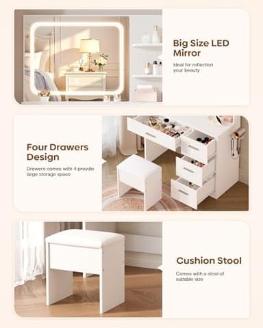 LIVELYGLOW Makeup Vanity Desk Set, 35.4“Wx15.7”Dx53.9“H, White (Smart LED Mirror, with Cushion Stool, Hairdryer Rack, Power-Outlet, 4 Drawers, Open Shelves) - Image 5