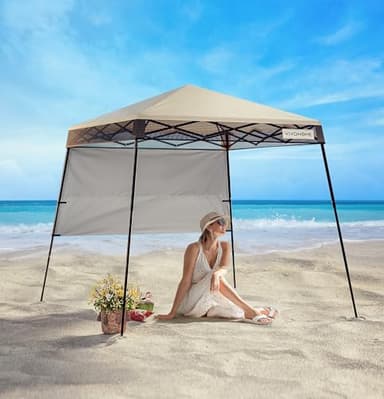 VIVOHOME 8x8ft Pop-Up Canopy Tent with Central Lock Design, Slant Legs, Backpack, and Side Wall, Portable Shelter for Camping, Party, Yard, and Beach Events, Beige - Image 1
