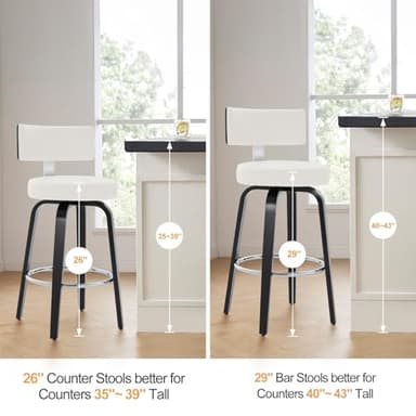 Bekrvio Swivel Counter Height Bar Stools Set of 4, 26” Seat Height Island Chairs Modern Kitchen Stools for Kitchen Counter, Faux Leather Upholstered Barstools with Back, Black Wood Legs and White Seat - Image 6