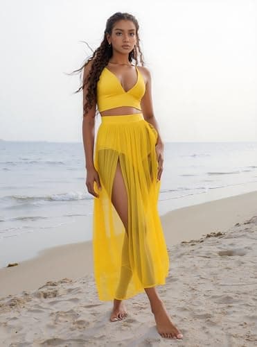 Women Sexy 2 Piece Outfits Dress Chiffon Strap Deep V Neck Bra Crop Top High Split Maxi Dresses Skirt Set Swimwear Cover Ups Yellow M - Image 5