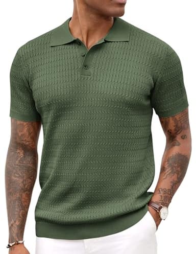 COOFANDY Mens Polo Shirts Short Sleeve Knit Button Down Shirt Stretch Lightweight Resort Wear Army Green - Image 1