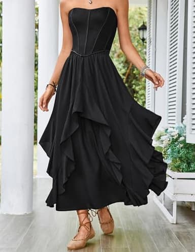 Women Summer Casual Long Skirt A Line Swing Ruffled Skirt with Pockets Black XL - Image 3