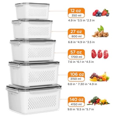5-Pack Fruit Storage Containers for Fridge with Removable Colanders, 4 in 1 Produce Storage Containers with Lids, Leakproof Fridge Organizer Bins for Salad Berry Lettuce Vegetables Meat Keeper Fresh - Image 5