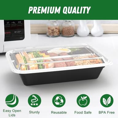 50 Pack (100-Piece) 32 oz Meal Prep Containers Reusable with Easy Open Lids, Sturdy Leakproof Food Safe, Microwave Freezer Dishwasher Safe, To Go Take Out Plastic Food Storage Pans with Lids, Black - Image 4