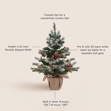 24 Inch 2 FT Pre-lit Snowy Mini Christmas Tree, DECSPAS Small Tabletop Flocked Christmas Tree with 20 LED Lights Red Berries Pine Cones and Cloth Bag Base Xmas Decorations for Holiday Party (Color A) - Image 3