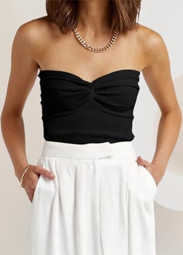 EFAN Womens Tube Tops Summer Sweater Twist Knot Front Knit Bandeau Strapless Ribbed Sleeveless Y2K Corset Crop Top Black M - Image 6