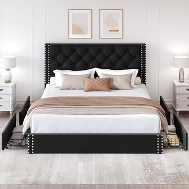 LARMACE Queen Size Platform Bed Frame with 4 Storage Drawers and Tufted Headboard Velvet Upholstered Bed Frame with Heavy Duty Wood Slats, No Box Spring Needed, Easy Assembly, Black - Image 8