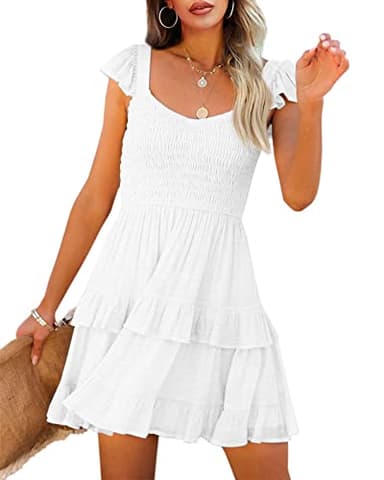 Fessceruna Womens Summer Ruffle Dresses Elastic Empire Waist A-line Layered Swing Flowy Mini Dress A-White - Image 1