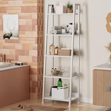 Furologee 5-Tier White Ladder Shelf, Ladder Bookshelf with Removable Drawer, Mordern Bookcase Storage Rack Organizer, Wood Metal Freestanding Storage Shelves for Living Room, Home Office, Bedroom - Image 7