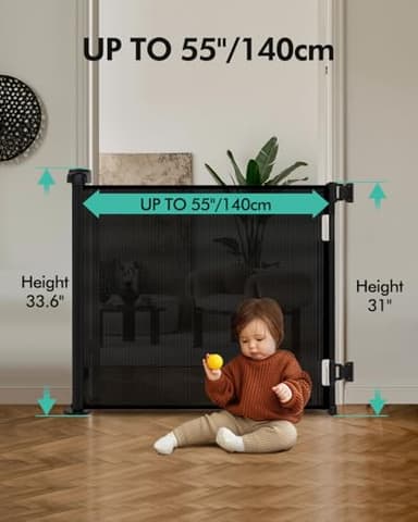 Retractable Baby Gates for Stairs, Mesh Dog Gate for Doorways, 33.6" Tall, Expands to 55" Wide,Pet Safety Essential Fit for Baseboards, Wide Toddlers Gates for Hallways, Indoor & Outdoor,Black - Image 6