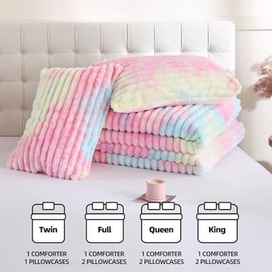 Smoofy Fluffy King Size Comforter Set 3 Pieces - Rainbow Fleece Fluffy Comforter Set, Luxury Fuzzy King Bedding Set, Soft King Bed Set All Season, Heavy Faux Fur Comforter with 2 Pillow Cases - Image 7