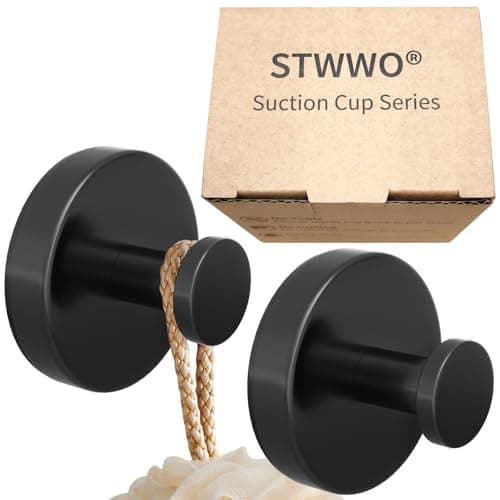 Suction Cup Hooks for Shower, Bathroom, Hanging Towels, Robe, Loofah, Mounting on Glass Shower Doors, Tile, Mirrors, Black, Rubber Suction Cup, 2 Pack - Image 1