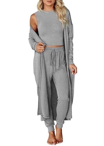 KIRUNDO 3 Piece Lounge Sets for Women Airplane Travel Outfits 2025 Fall Cardigan Sleeveless Top Pants Sets Matching Clothing(Light Grey, Medium) - Image 1