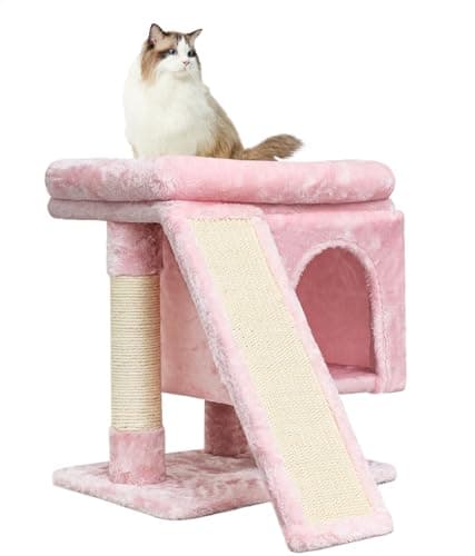 SYANDLVY Small Pink Cat Tree with Perch for Indoor Cats, Cat Tower with Scratching Post, Modern Activity House for Large Cats, Condo with Board, Kittens Cave - Image 1