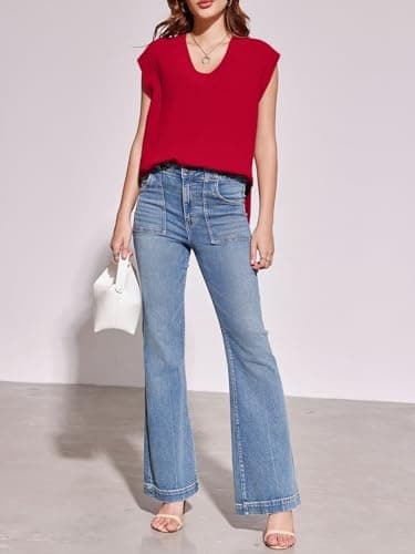 Saodimallsu Womens V Neck Sweater Vest Oversized Ribbed Knit Sleeveless Casual Loose Fit Pullover Tank Top Red - Image 5