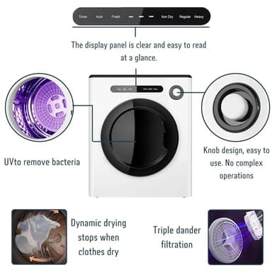 Dessiz Clothes Dryer, 970w, 1.6 Cu.Ft. Machine for laundry with Stainless Steel Drum, 11lbs with Exhaust Hose,Digital Control, Auto Stop with Hygrometer Sensor, Dryer for Apartments, Home, RV, Dorms - Image 3