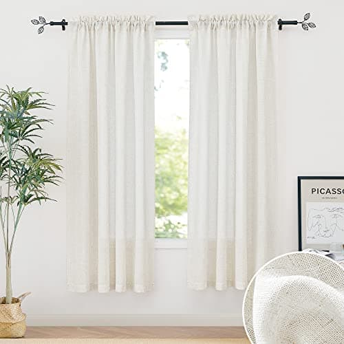 RYB HOME Semi Sheer Curtains, Extra 66 inches Widith Thick Linen Burlap Rod Pocket Machine Washable Privacy Assured for Living Room Bedroom, W 66 x L 84 inches, Linen, 2 Panels - Image 1