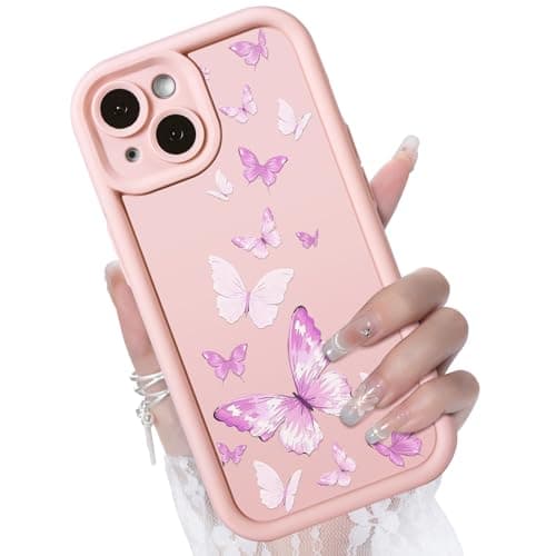 CASBST Compatible with iPhone 13 Case, Creative Flower Pattern Design Girls Women Liquid Silicone Cover, Thicker Frame Shockproof and Scratch-Resistant Soft Case for iPhone 13 - Butterfly Pink - Image 1