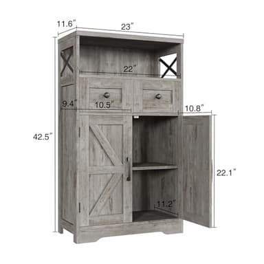 Befrases Farmhouse Storage Cabinet with Drawers and Adjustable Shelves, Freestanding Kitchen Pantry Storage Cabinet, Floor Storage Cupboard for Dining Living Room Home Office, Washed Grey - Image 2
