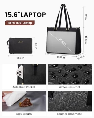 LOVEVOOK Lunch Tote Bag for Women, 15.6 Inch Laptop Bag with Insulated Lunch Compartment, Quilted Large Capacity Computer Handbag with Purse for Business, Work, Collage, Office, Casual, Jet Black - Image 3