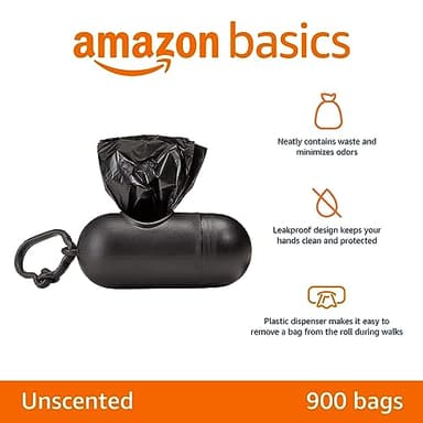 Amazon Basics Dog Poop Bags with Dispenser, 900 Count, Enhanced for Guaranteed Leakproof, Unscented, Includes Leash Clip - Image 2