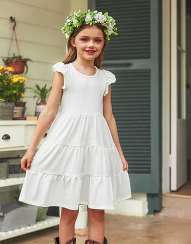 Arshiner Girls Dress Summer Flutter Sleeve Flared Tiered Swing Pleated Midi Cotton Casual Sundress with Pockets White 6-7 Years - Image 2