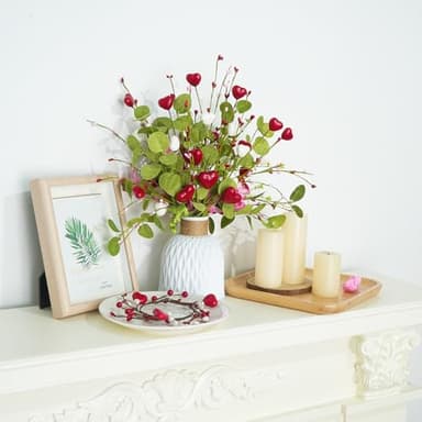 Fairblo 6 Pcs Artificial Silk Flowers for Home Decor Indoor,Fake Flowers with Stems for Vases for Decoration,Faux Flower Arrangements Spring Floral Picks Hearts Berry with Green Leaves(19’’) - Image 4