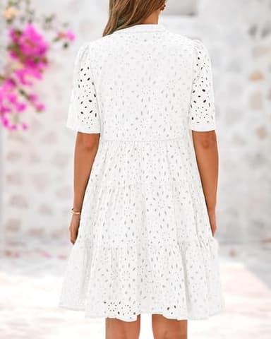 BTFBM Womens Boho Summer Dresses 2025 Resort V Neck Short Sleeve Hollow Out Lace Ruffle Casual Beach Mini Vacation Dress(White, Large) - Image 3
