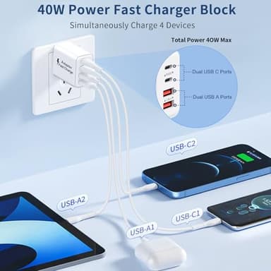 USB C Charger Block 40W, 2Pack 4-Port Type C Fast Charging Blocks PD USBC Plug Adapter + QC USB Wall Charger Cube Multiport Brick Compatible with iPhone 16 15 14 13 12 11 Pro Max XS, Samsung - Image 2