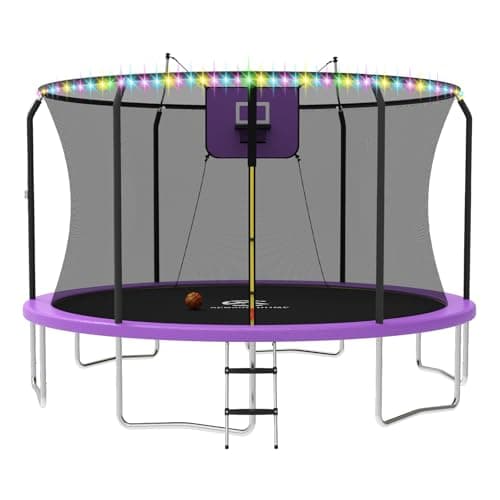 ACWARM HOME 14 FT Trampoline for Kids and Adults, Trampolines with Basketball Hoop and LED Lights,Trampoline Outdoor with Net, ASTM Approved, Purple - Image 1