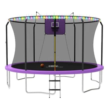 ACWARM HOME 14 FT Trampoline for Kids and Adults, Trampolines with Basketball Hoop and LED Lights,Trampoline Outdoor with Net, ASTM Approved, Purple - Image 1