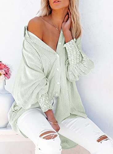 Womens Smocked Cuffed Striped Boyfriend Shirt Casual Collar Long Sleeve Oversized Button Down Blouse Tops with Pocket Shirred Light Green - Image 3