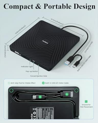PeroBuno External CD DVD Drive, USB 3.0 Type-C Optical Drive, 0.5-inch Ultra-Slim Portable DVD CD ROM Disc Player Reader Writer Rewriter Burner Recorder for Laptop PC MacBook Windows Linux Mac OS - Image 7