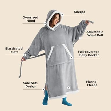 Bedsure Wearable Blanket Hoodie, Cozy Long Hooded Blanket Sweatshirt as Mothers Day Hoodie Gifts for Mom Women, Small, Grey - Image 2