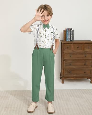 DISAUR Baby Boy Dress Clothes Printed Short Sleeve Shirt Grass Green Suspender Pants Boy Wedding Outfits 3t 4t 3-4t - Image 5