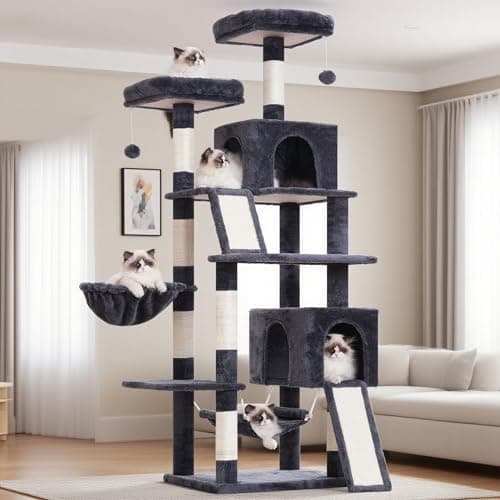 Gitelsnour Cat Tree for Indoor Cats, 71'' (180cm) Multi-Level Cat Tower for Large Adult, Sturdy Cat Tree House with 2 Scratching Boards 7 Posts, 2 Plush Perches/Condos, Hammock, Smoky Gray GCT032G - Image 1