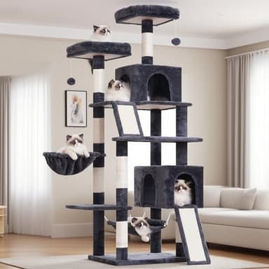 Gitelsnour Cat Tree for Indoor Cats, 71'' (180cm) Multi-Level Cat Tower for Large Adult, Sturdy Cat Tree House with 2 Scratching Boards 7 Posts, 2 Plush Perches/Condos, Hammock, Smoky Gray GCT032G - Image 1