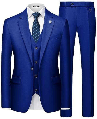 MAGE MALE Mens Suits Slim Fit 3 Piece Tuxedo Suit One Button Solid Prom Wedding Party Blazer Vest Pants Set with Tie Royal Blue - Image 1