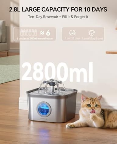 Stainless Steel Cat Water Fountain for Drinking with 3 Filters, 2.8L Auto Pet Drinking Fountain for Cats with 20dB Ultra-Quiet Pump, 24/7 Circulation Filtration LED Water Level Window Dishwasher Safe - Image 7