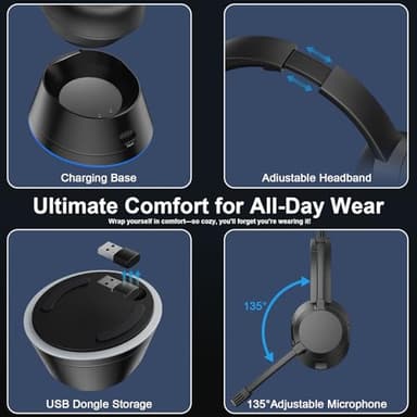 Wireless Headset with Mic for Work, Bluetooth Headset with Microphone (Noise Cancellation), Wireless Headphones with USB Dongle & Charging Dock for Call Center/Home/Computer/PC/Laptop/Teams/Zoom - Image 7