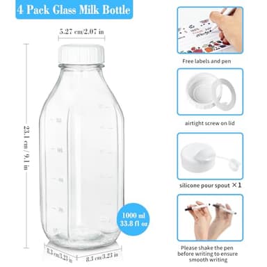 Liter Glass Milk Bottles w Scale, 100% Airtight Heavy Duty Screw Lid - 4 Pack 32 Oz Drinking Jars w Lids - Glass Bottles for Milk, Honey, Jam - Dishwasher Safe(Extra 2 Lids and 1 Pour Spout) - Image 7