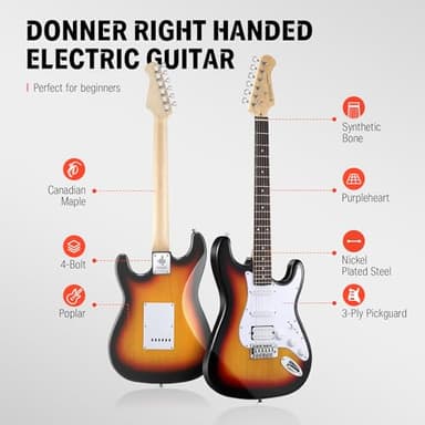 Donner DST-100S 39 Inch Full Size Electric Guitar Kit Solid Body Sunburst, Beginner Starter, with Amplifier, Bag, Capo, Strap, String, Tuner, Cable, Picks - Image 3