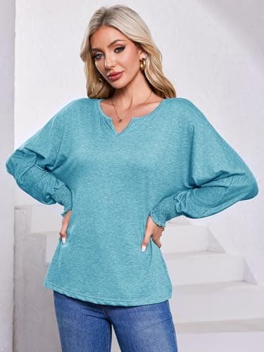 TAKEYAL Long Sleeve Shirts for Women Smocked Sleeve V Neck Casual Loose Blouse Trendy Fall Spring Tops Aqua Green XX-Large - Image 2